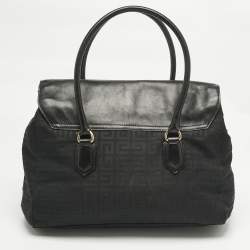 Pre Owned Givenchy Black Logo Jacquard Fabric and Leather Double Flap Satchel
