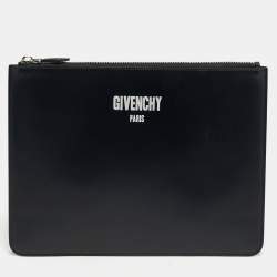 Pre Owned Givenchy Black Leather Logo Print Zipped Pouch