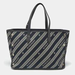 Pre Owned Givenchy Bond Chain Navy Blue/White Logo Jacquard and Leather Tote