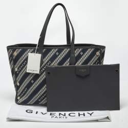 Pre Owned Givenchy Bond Chain Navy Blue/White Logo Jacquard and Leather Tote