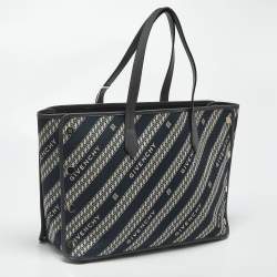 Pre Owned Givenchy Bond Chain Navy Blue/White Logo Jacquard and Leather Tote