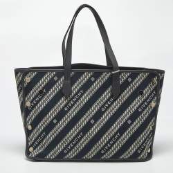 Pre Owned Givenchy Bond Chain Navy Blue/White Logo Jacquard and Leather Tote