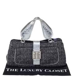 Pre Owned Givenchy Grey Tweed and Leather Logo Plague Flap Satchel