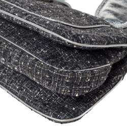 Pre Owned Givenchy Grey Tweed and Leather Logo Plague Flap Satchel