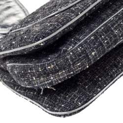 Pre Owned Givenchy Grey Tweed and Leather Logo Plague Flap Satchel