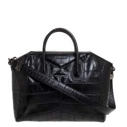 Pre Owned Givenchy Black Croc Embossed Leather Medium Antigona Satchel