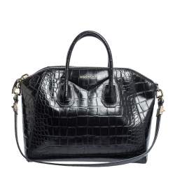 Pre Owned Givenchy Black Croc Embossed Leather Medium Antigona Satchel