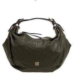 Pre Owned Givenchy Olive Green/Brown Leather Logo Hobo