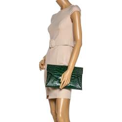 Pre Owned Givenchy Green Croc Embossed Leather Medium Antigona Envelope Clutch