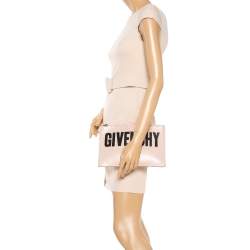 Pre Owned Givenchy Nude Beige Leather Logo Zip Clutch
