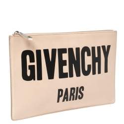 Pre Owned Givenchy Nude Beige Leather Logo Zip Clutch