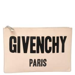 Pre Owned Givenchy Nude Beige Leather Logo Zip Clutch