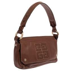 Pre Owned Givenchy Brown Leather Logo Embossed Flap Hobo