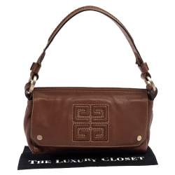 Pre Owned Givenchy Brown Leather Logo Embossed Flap Hobo