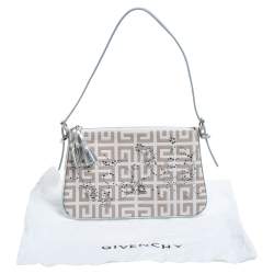 Pre Owned Givenchy Silver/Beige Signature Canvas and Leather Small Baguette Bag