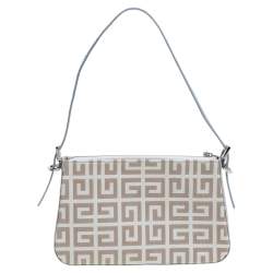 Pre Owned Givenchy Silver/Beige Signature Canvas and Leather Small Baguette Bag