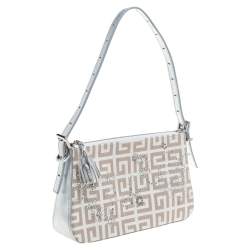 Pre Owned Givenchy Silver/Beige Signature Canvas and Leather Small Baguette Bag