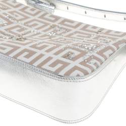 Pre Owned Givenchy Silver/Beige Signature Canvas and Leather Small Baguette Bag