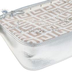 Pre Owned Givenchy Silver/Beige Signature Canvas and Leather Small Baguette Bag