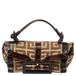 Pre Owned Givenchy Brown/Beige Monogram Canvas and Exotic Embossed Leather Buckle Flap Top Handle Bag