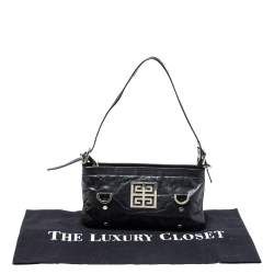 Pre Owned Givenchy Black Leather Logo Metal Baguette Shoulder Bag