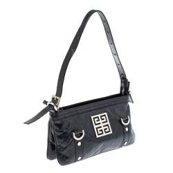 Pre Owned Givenchy Black Leather Logo Metal Baguette Shoulder Bag
