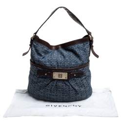 Pre Owned Givenchy Blue/Brown Monogram Denim and Leather Logo Plaque Hobo