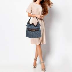 Pre Owned Givenchy Blue/Brown Monogram Denim and Leather Logo Plaque Hobo