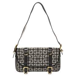 Pre Owned Givenchy Black Monogram Canvas and Leather Double Buckle Flap Shoulder Bag