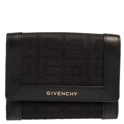 Pre Owned Givenchy Black Monogram Fabric and Leather Trim Flap Compact Wallet