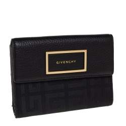 Pre Owned Givenchy Black Monogram Fabric and Leather Flap Compact Wallet