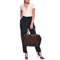 Pre Owned حقيبة يد جيفنشي سحاب مزدوج جلد و كانفاس مونوغرامي بنيه شوكليت 