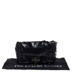 Pre Owned حقيبة بسلسلة جيفنشي جلد لامع نقشة التمساح سوداء بقلاب