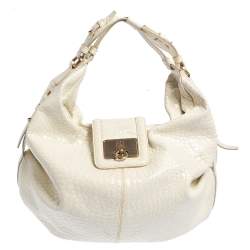 Pre Owned Givenchy Off White Patent Leather Flap Logo Hobo