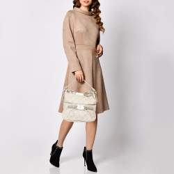 Pre Owned Givenchy Gold/Beige Shimmering Textured Canvas and Leather Logo Hobo