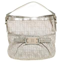 Pre Owned Givenchy Gold/Beige Shimmering Textured Canvas and Leather Logo Hobo