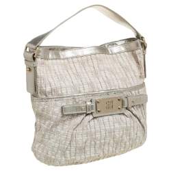 Pre Owned Givenchy Gold/Beige Shimmering Textured Canvas and Leather Logo Hobo