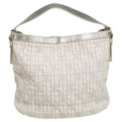 Pre Owned Givenchy Gold/Beige Shimmering Textured Canvas and Leather Logo Hobo