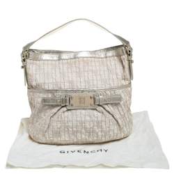 Pre Owned Givenchy Gold/Beige Shimmering Textured Canvas and Leather Logo Hobo