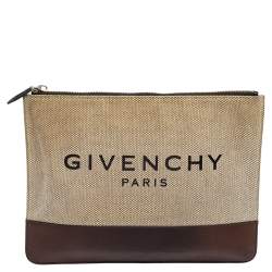 مملوكة مسبقًا Givenchy Beige/Brown Canvas and Leather Flat Zip Pouch