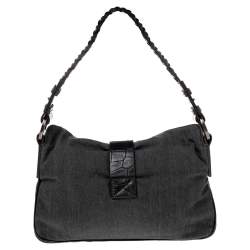 Pre Owned Givenchy Grey/Black Denim and Croc Embossed Leather Hobo