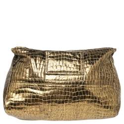 Pre Owned Givenchy Metallic Gold Croc Embossed Leather Large Pandora Shoulder Bag