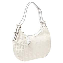 Pre Owned Givenchy White Shimmery Signature Canvas and Leather Trim Hobo