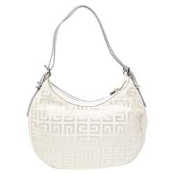 Pre Owned Givenchy White Shimmery Signature Canvas and Leather Trim Hobo