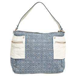 Pre Owned Givenchy Blue/White Monogram Denim and Leather Side Pocket Hobo