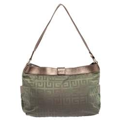 Pre Owned Givenchy Green/Brown Monogram Fabric and Leather Clasp Flap Hobo