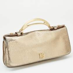 Pre Owned Givenchy Gold Crinkled Leather Cut Out Metal Handle Clutch