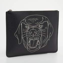 Pre Owned Givenchy Black Rottweiler Line Printed Leather Zip Pouch