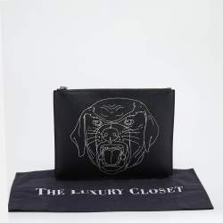 Pre Owned Givenchy Black Rottweiler Line Printed Leather Zip Pouch