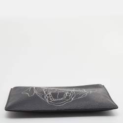 Pre Owned Givenchy Black Rottweiler Line Printed Leather Zip Pouch